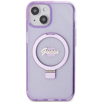 Guess Ring Stand Script Glitter MagSafe pouzdro pro iPhone 15 Plus / 14 Plus - fialové