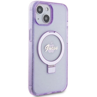Guess Ring Stand Script Glitter MagSafe pouzdro pro iPhone 15 Plus / 14 Plus - fialové