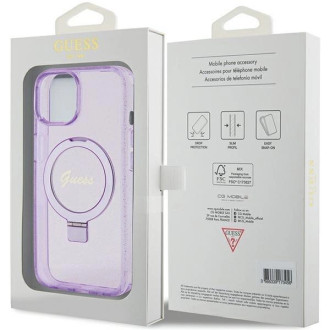 Guess Ring Stand Script Glitter MagSafe pouzdro pro iPhone 15 Plus / 14 Plus - fialové