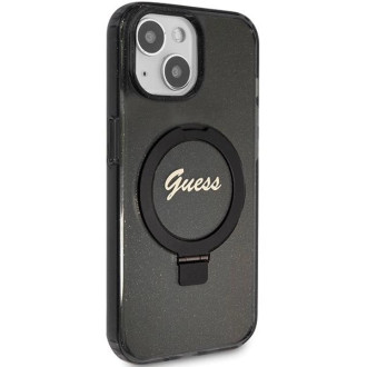 Guess Ring Stand Script Glitter MagSafe pouzdro pro iPhone 15 - černé