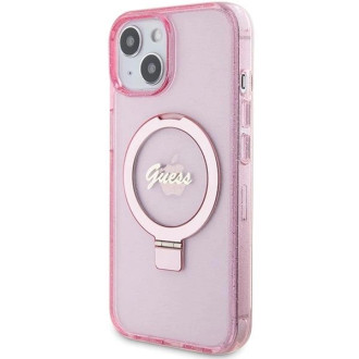 Guess Ring Stand Script Glitter MagSafe pouzdro pro iPhone 15 - růžové