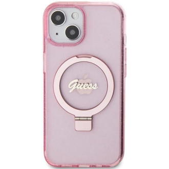 Guess Ring Stand Script Glitter MagSafe pouzdro pro iPhone 15 - růžové