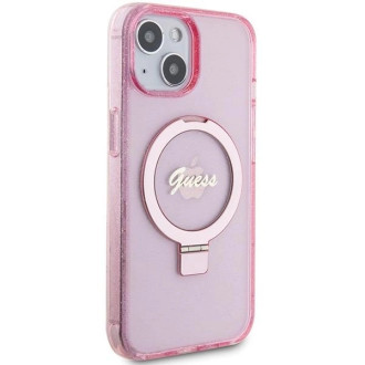 Guess Ring Stand Script Glitter MagSafe pouzdro pro iPhone 15 - růžové