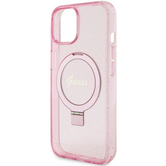 Guess Ring Stand Script Glitter MagSafe pouzdro pro iPhone 15 - růžové