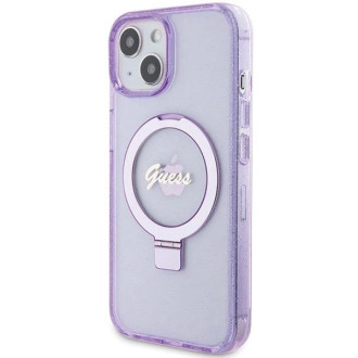Guess Ring Stand Script Glitter MagSafe pouzdro pro iPhone 15 - fialové