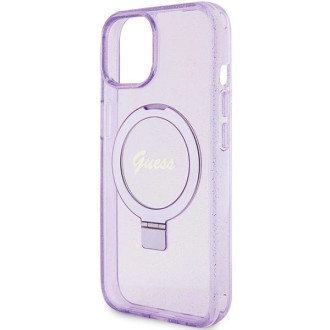 Guess Ring Stand Script Glitter MagSafe pouzdro pro iPhone 15 - fialové