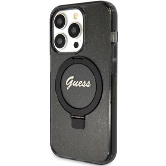 Guess Ring Stand Script Glitter MagSafe pouzdro pro iPhone 15 Pro Max - černé