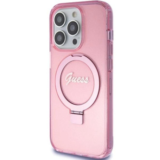 Guess Ring Stand Script Glitter MagSafe pouzdro pro iPhone 15 Pro Max - růžové