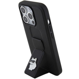 Pouzdro Karl Lagerfeld Gripstand Saffiano Choupette Pins pro iPhone 15 Pro - černé