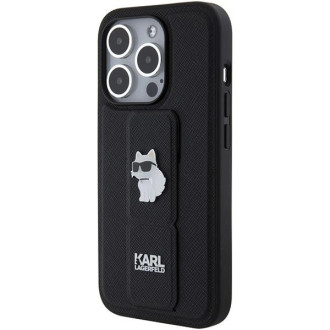 Pouzdro Karl Lagerfeld Gripstand Saffiano Choupette Pins pro iPhone 15 Pro - černé