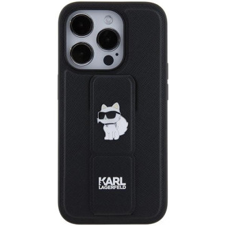 Pouzdro Karl Lagerfeld Gripstand Saffiano Choupette Pins pro iPhone 15 Pro - černé