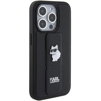 Pouzdro Karl Lagerfeld Gripstand Saffiano Choupette Pins pro iPhone 15 Pro - černé