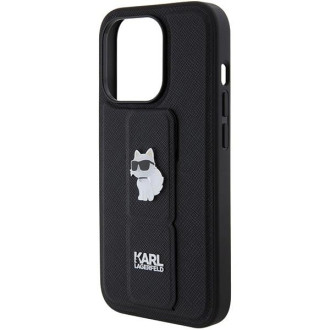 Pouzdro Karl Lagerfeld Gripstand Saffiano Choupette Pins pro iPhone 15 Pro - černé