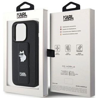 Pouzdro Karl Lagerfeld Gripstand Saffiano Choupette Pins pro iPhone 15 Pro - černé