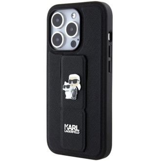 Karl Lagerfeld Gripstand Pouzdro Saffiano Karl&amp;Choupette Pins pro iPhone 15 Pro - černé