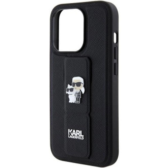 Karl Lagerfeld Gripstand Pouzdro Saffiano Karl&amp;Choupette Pins pro iPhone 15 Pro - černé