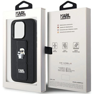 Karl Lagerfeld Gripstand Pouzdro Saffiano Karl&amp;Choupette Pins pro iPhone 15 Pro - černé