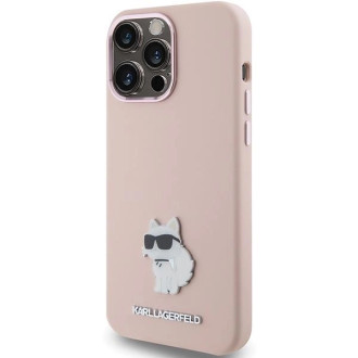 Karl Lagerfeld silikonové pouzdro Choupette Metal Pin pro iPhone 15 Pro - růžové