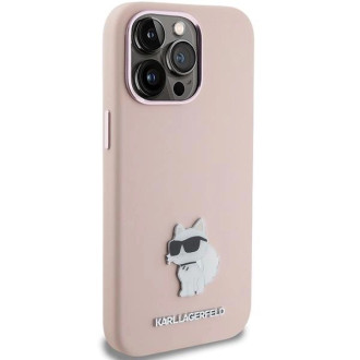 Karl Lagerfeld silikonové pouzdro Choupette Metal Pin pro iPhone 15 Pro - růžové