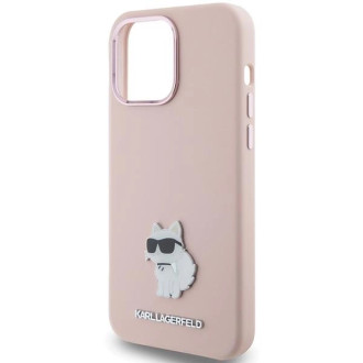 Karl Lagerfeld silikonové pouzdro Choupette Metal Pin pro iPhone 15 Pro - růžové