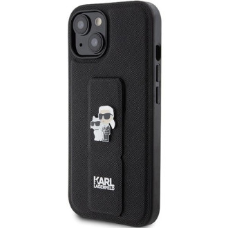 Karl Lagerfeld Gripstand Pouzdro Saffiano Karl&amp;Choupette Pins pro iPhone 15 Plus / 14 Plus - černé
