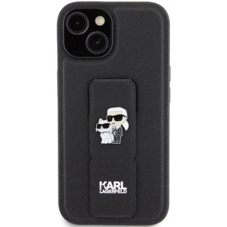 Karl Lagerfeld Gripstand Pouzdro Saffiano Karl&amp;Choupette Pins pro iPhone 15 Plus / 14 Plus - černé
