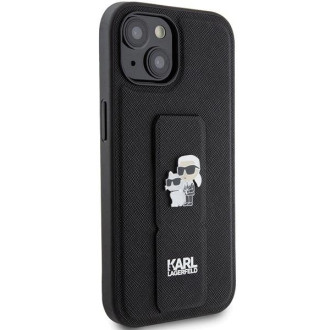 Karl Lagerfeld Gripstand Pouzdro Saffiano Karl&amp;Choupette Pins pro iPhone 15 Plus / 14 Plus - černé
