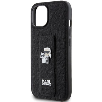 Karl Lagerfeld Gripstand Pouzdro Saffiano Karl&amp;Choupette Pins pro iPhone 15 Plus / 14 Plus - černé