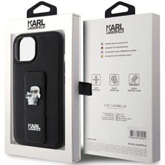 Karl Lagerfeld Gripstand Pouzdro Saffiano Karl&amp;Choupette Pins pro iPhone 15 Plus / 14 Plus - černé