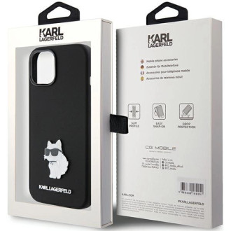 Karl Lagerfeld silikonové pouzdro Choupette Metal Pin pro iPhone 15 Plus / 14 Plus - černé