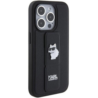 Karl Lagerfeld Gripstand Pouzdro Saffiano Choupette Pins pro iPhone 15 Pro Max - černé
