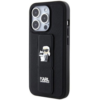 Karl Lagerfeld Gripstand Pouzdro Saffiano Karl&amp;Choupette Pins pro iPhone 13 Pro / 13 - černé