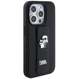 Karl Lagerfeld Gripstand Pouzdro Saffiano Karl&amp;Choupette Pins pro iPhone 13 Pro / 13 - černé