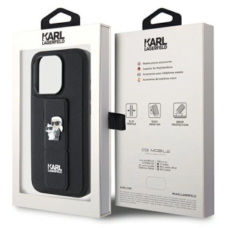 Karl Lagerfeld Gripstand Pouzdro Saffiano Karl&amp;Choupette Pins pro iPhone 13 Pro / 13 - černé