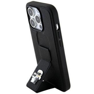Karl Lagerfeld Gripstand Pouzdro Saffiano Karl&amp;Choupette Pins pro iPhone 13 Pro / 13 - černé