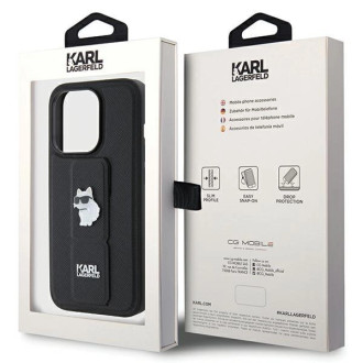Pouzdro Karl Lagerfeld Gripstand Saffiano Choupette Pins pro iPhone 14 Pro - černé