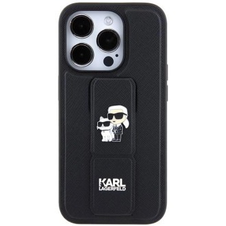 Karl Lagerfeld Gripstand Pouzdro Saffiano Karl&amp;Choupette Pins pro iPhone 14 Pro - černé