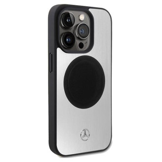 Pouzdro Mercedes Leather&amp;Alu MagSafe pro iPhone 15 Pro - stříbrné