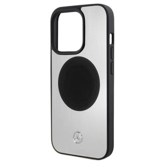 Pouzdro Mercedes Leather&amp;Alu MagSafe pro iPhone 15 Pro - stříbrné