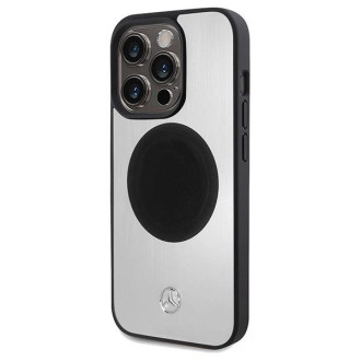 Pouzdro Mercedes Leather&amp;Alu MagSafe pro iPhone 15 Pro Max - stříbrné