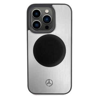 Pouzdro Mercedes Leather&amp;Alu MagSafe pro iPhone 15 Pro Max - stříbrné