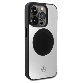 Pouzdro Mercedes Leather&amp;Alu MagSafe pro iPhone 15 Pro Max - stříbrné