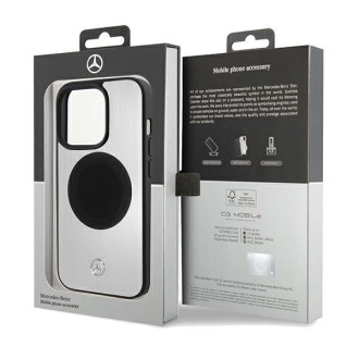 Pouzdro Mercedes Leather&amp;Alu MagSafe pro iPhone 15 Pro Max - stříbrné
