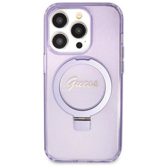Guess Ring Stand Script Glitter MagSafe pouzdro pro iPhone 14 Pro Max - fialové