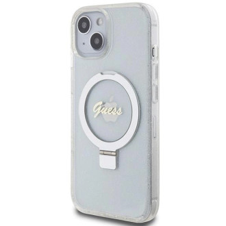 Guess Ring Stand Script Glitter MagSafe pouzdro pro iPhone 15 / 14 / 13 - průhledné
