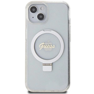 Guess Ring Stand Script Glitter MagSafe pouzdro pro iPhone 15 / 14 / 13 - průhledné