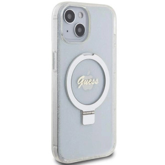 Guess Ring Stand Script Glitter MagSafe pouzdro pro iPhone 15 / 14 / 13 - průhledné