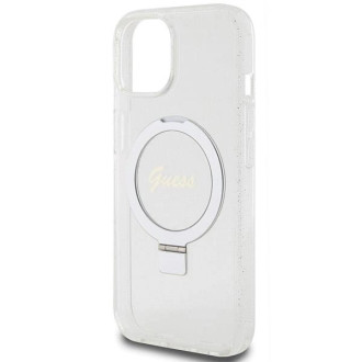 Guess Ring Stand Script Glitter MagSafe pouzdro pro iPhone 15 / 14 / 13 - průhledné