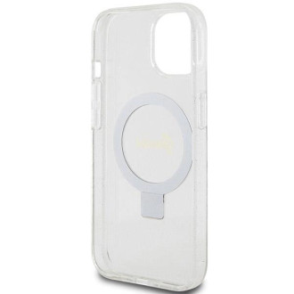 Guess Ring Stand Script Glitter MagSafe pouzdro pro iPhone 15 / 14 / 13 - průhledné