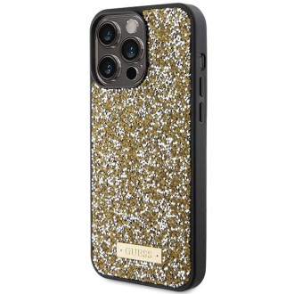 Pouzdro Guess Rhinestone Metal Logo pro iPhone 15 Pro - žluté